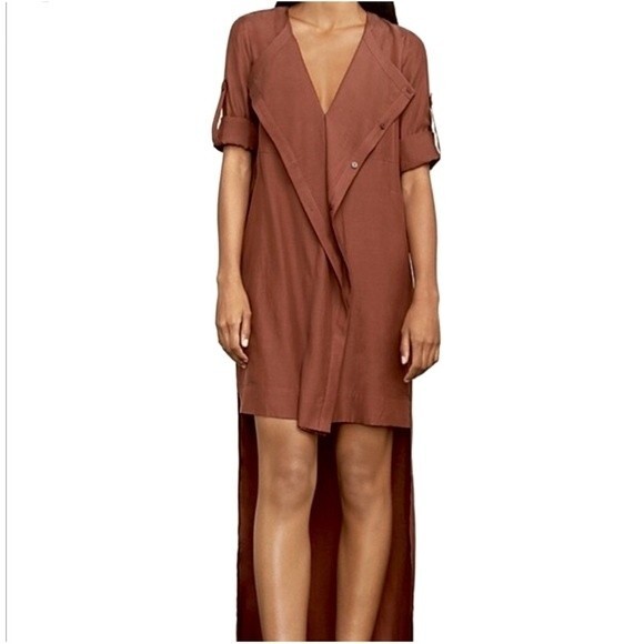 NWT BCBGMaxAzria Gabriella High Low Dress Deconstructed Shirt Brown V-Neck XS - Picture 1 of 6